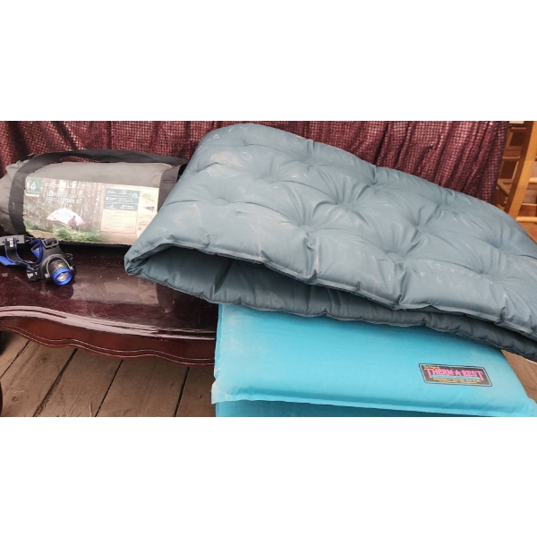 Woods Levitate 3 Tent, World Famous Mat, Therm-a-Rest Mat, Headlamp