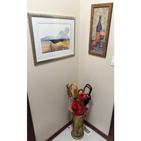 Tall Brass Tin w/ Abundance of Umbrellas & Decorative Prints 