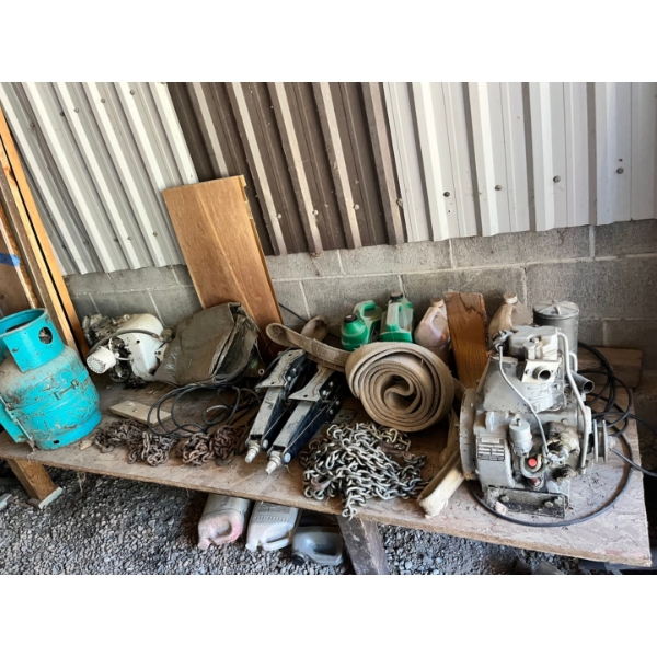 Propane motor, diesel motor, assorted chains, jacks and heavy duty tow straps