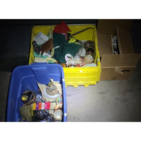 Several Totes of Household Items and Decor Including: Vintage Scouts Literature/ Catalogue, Steins