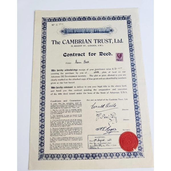 Vintage Financial Document, Specifically A "Contract For Deed" From 1923 For Plots.