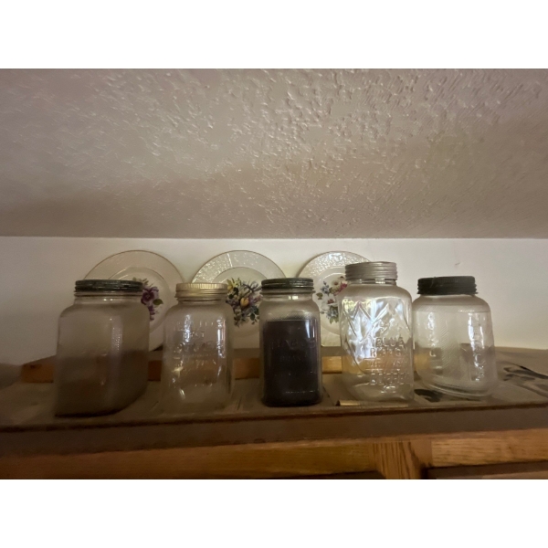 Great group of vintage coffee storage glass canisters from 3 NABOB  blue ribbon, coffee and  Braids 