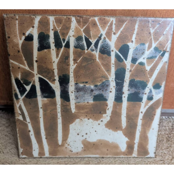 Hand-Painted Ceramic Wall Tile with Forest Scene