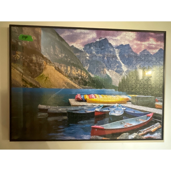 Framed Jigsaw Puzzle Boats 20Hx27W,  Painting of Church 48Hx36W