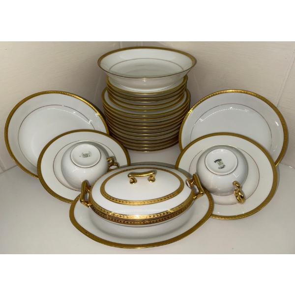 French Limoges Porcelain Service Set With Gold Trim & Double Inlay,  Cups, Plates, Gravy Boat