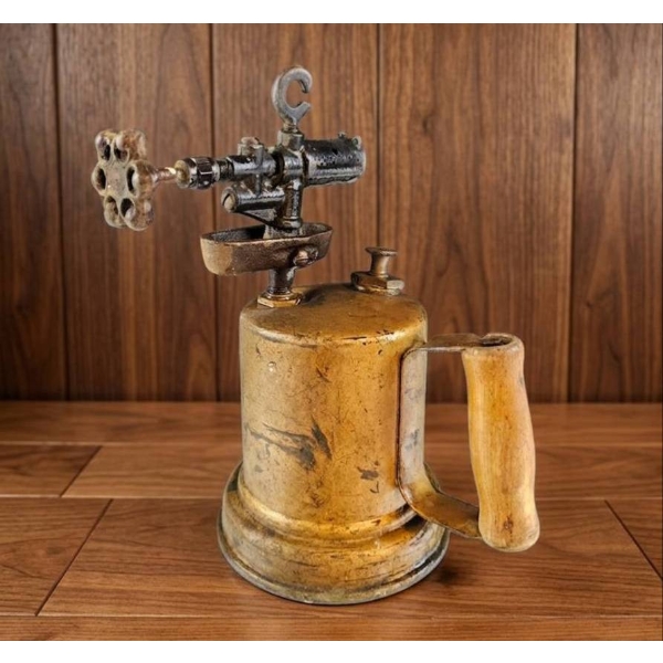 Vintage Brass Blowtorch with Wooden Handle and Cast Iron Components