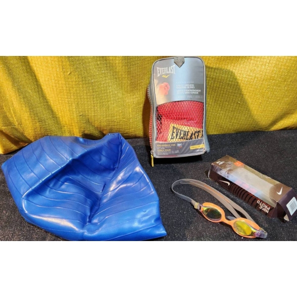 Everlast Small Laceless Training Gloves, Exercise Ball, and Nike Proto Swimming Goggles