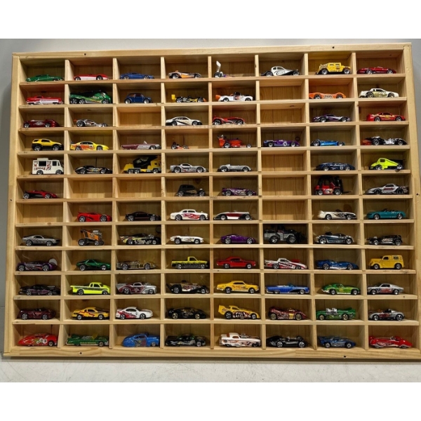 Large Collection of Hot Wheels in a Wooden Display Frame