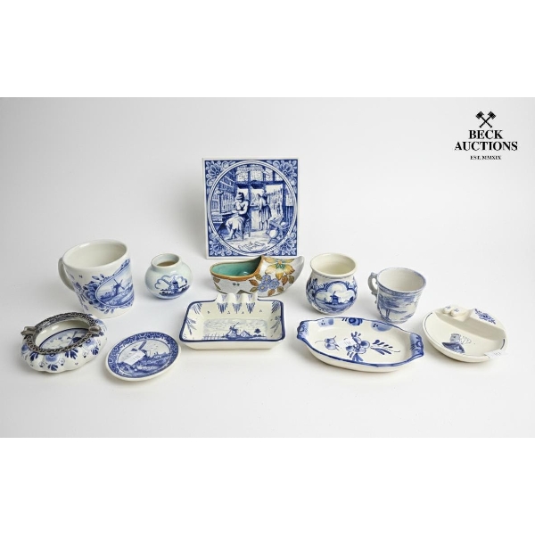 Collection Of Delft Blue Pottery, Small Pitchers, Mugs, And Dishes.