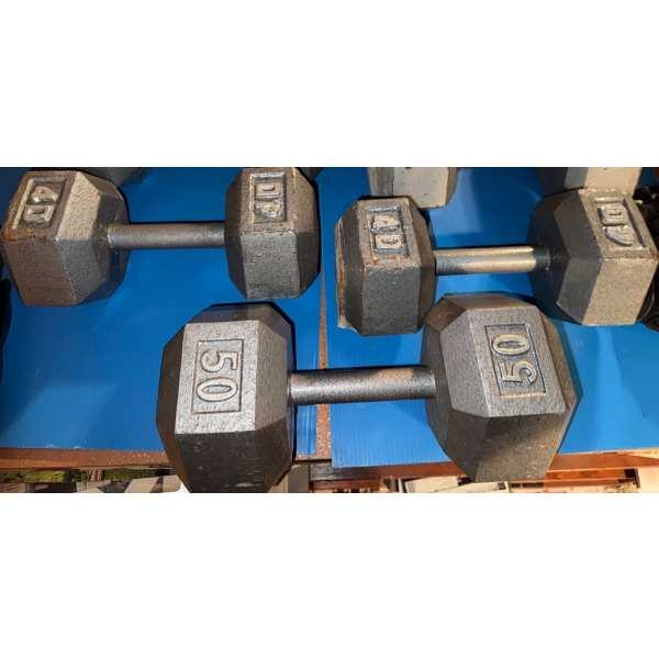 Two 40lbs & One 50lbs Cast Iron Hex Dumbbells/ Weights