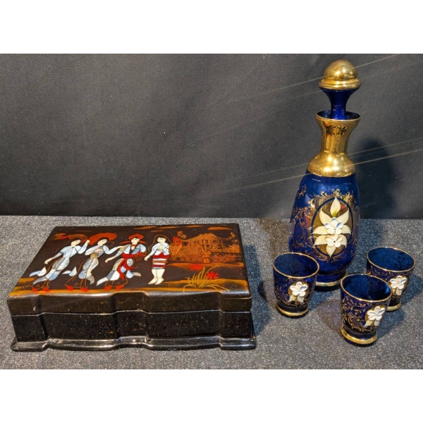 Blue Glass Decanter Set and Hand-Painted Jewelry Box with Mirror