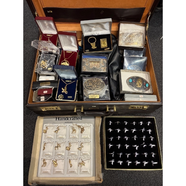 Briefcase of Costume Animal Necklaces, Snake Rings, Belt Buckles, Wood Beaded Necklaces