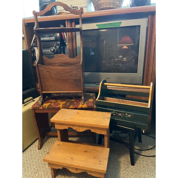 Variety of small benches little tables and magazine racks
