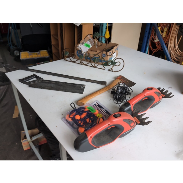 Hedge Shears, Axe, hand tools and more.