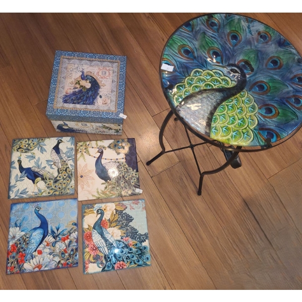 Peacock Decor Including: Stool 12 " Diameter, 19 T, Hotplates, Storage Box