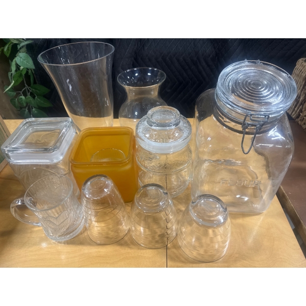 Wicker Chair, Glass Jars, Vases, Baskets, Utensils, and Silver-Plated Tray