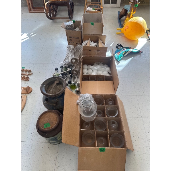 multiple boxes of hurricane shades, glass, hurricane shades, milk, jugs, LED gardening lamps and mis