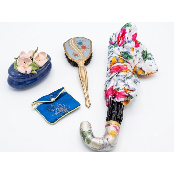 Decorative Vanity Set Including Brush, Umbrella, Trinket Box, and Pouch