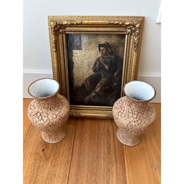 Floral Gold Embellished Vase Duo w/ Victorian Oil On Board Painting 9x11