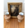 Image 1 : Floral Gold Embellished Vase Duo w/ Victorian Oil On Board Painting 9x11