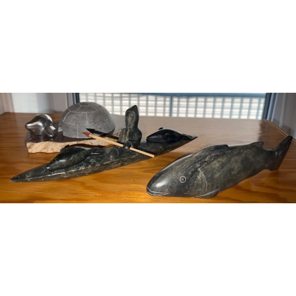 Inuit Soapstone Carvings Depicting A Sportsman /Hunter In A Kayak Fish 8L