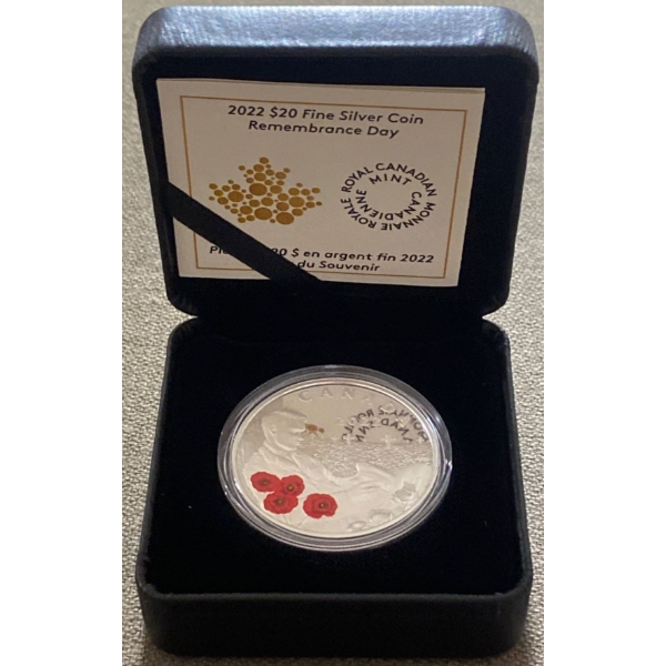 2022 $20 Remembrance Day Fine Silver Coin 31.39 Grams