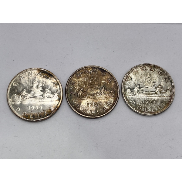 3 Silver Canadian Dollars From 1959-1960-1961 80% Silver 70.1g 