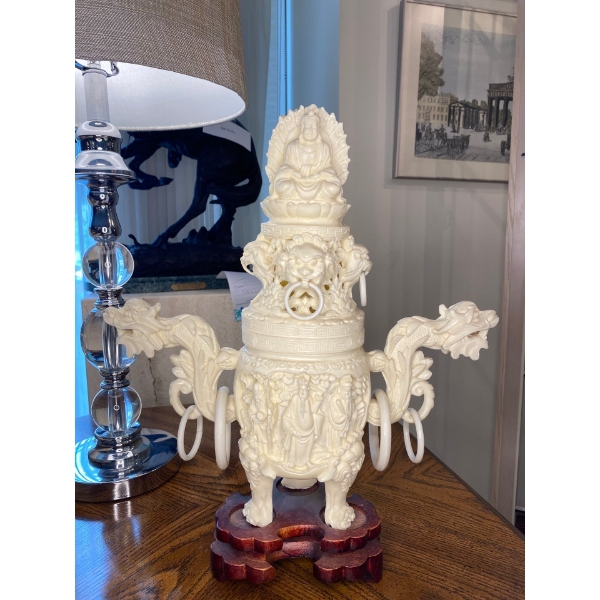 White Chinese Statue Ivory Style Urn 16T x 13W