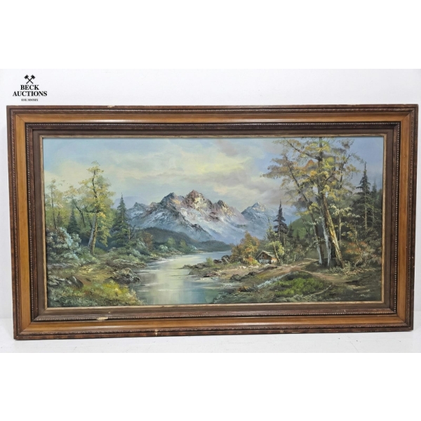   Signed Vintage Landscape Oil Painting Depicting A Mountain Scene With A Cabin Beside A Stream .