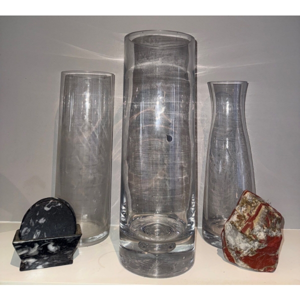 Large Clear Vessels w/ Stone Coaster Set & Natural Jasper Stone Lapidary Specimen 