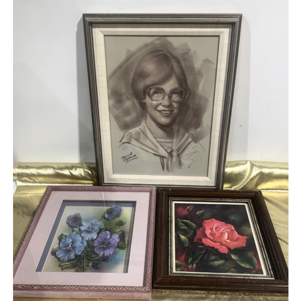 Three Framed Artworks: Sketch Portrait and Two Floral Paintings