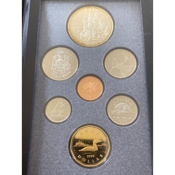 1990 Royal Canadian Mint Proof Set with Seven Coins Featuring Commemorative Designs