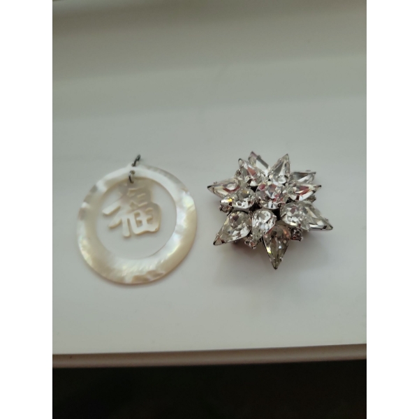 Stamped Sterling Jay Flex Custom Silver Broach w/  Mother Of Pearl Asian Pendant 