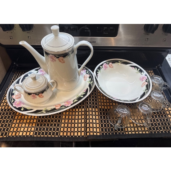 Vintage Gibson Designs Black Satin Tea/Coffee Set w/ Crystal Expresso Cups