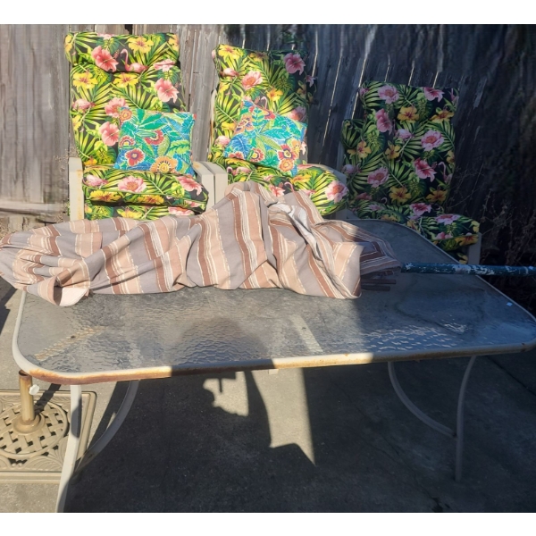 Patio Table 66 W, 39 D, 28 T and 6 Chairs 26 W, 24 D, 40 T, Includes Umbrella/ Stand and Cushions