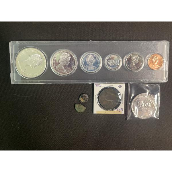 Canadian Coin Set, 2 Ancient Coins, 1983 Edmonton Klondike Dollar