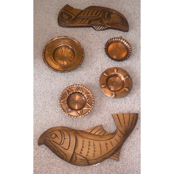 Handcarved Indigenious Fish Carvings w/ Hammered Coppercraft Ashtrays 