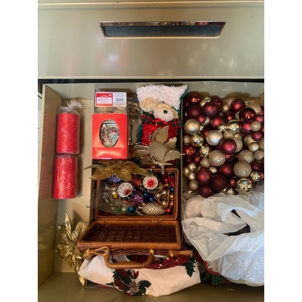 Vintage Holiday Decorations Including 1980s Ornaments, Linens, and Basket