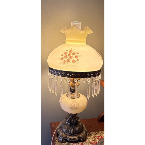 Becky Shinn One of a Kind Fenton Student Art Glass Lamp Hand Painted & Signed,  Brass Base 2 FtTall 