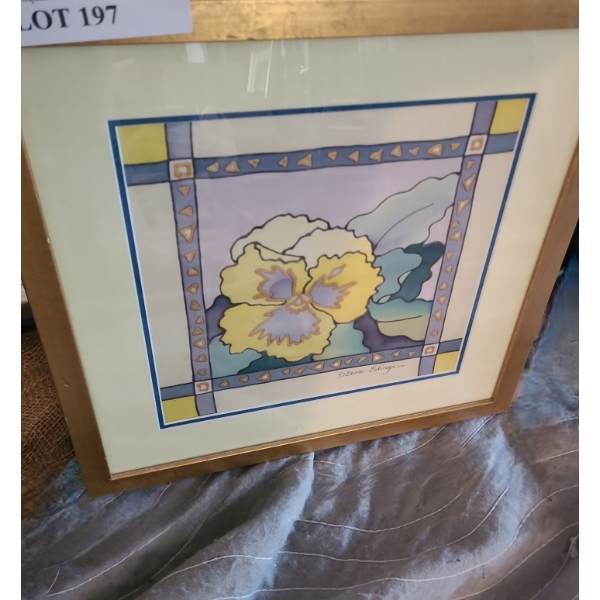 Hand Painted Silk Pansy by D. Gusse-Edinga Framed and Under Glass 14 w 14 h