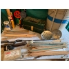 Image 3 :  Vintage fishing lot, homemade ice fishing rods, new rods, hooks, scoops, tackle box and vintage rod