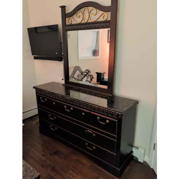 Dark Wood Double Dressing Table w/ Stone Inlay & Vanity Mirror ONLY  71x17x27