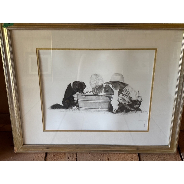 Kids & Dog Looking Into A bucket Print  L31" H25" 