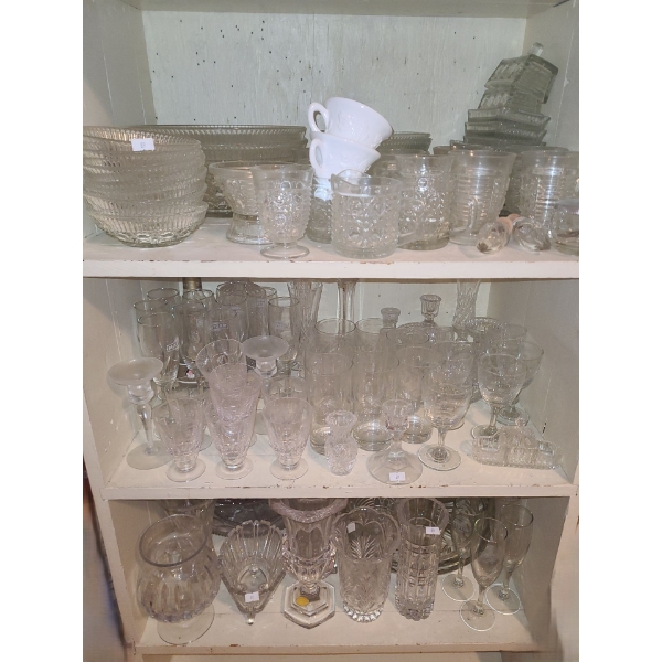 Contents of Shelves: Dinnerware, Drinkware, Vases: Lead Crystal w/ Hex Base 10 T and More!