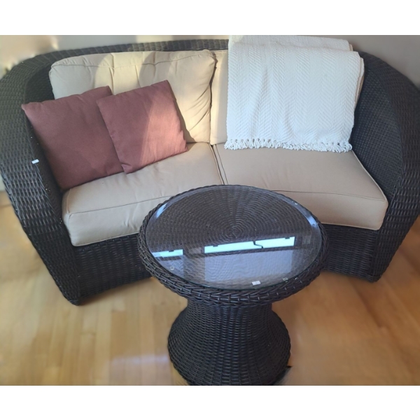 Wicker Look Two Seat Sofa 76 W, 35 D, 34 T and Table w/ Glass Topper 24" Diameter, 22 T