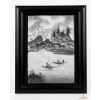 Image 2 : Vintage Framed Vietnamese Black & White Painting On Silk, A Tranquil Landscape Scene With Boats.