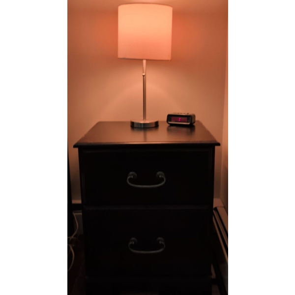 Dark Wood Bedside Table 22x16x26 w/ Pull Cord Lamp & AM/FM Alarm Clock 