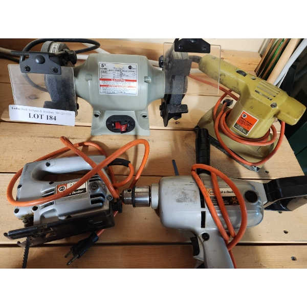 Brico 5-Inch Bench Grinder, Black & Decker 2-Speed Jig Saw, Finishing Sander, 1/2 Reversing Drill