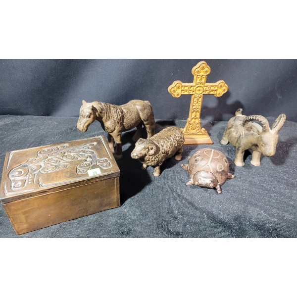 Cast Iron Animals, Cross, and wooden Decorative Box