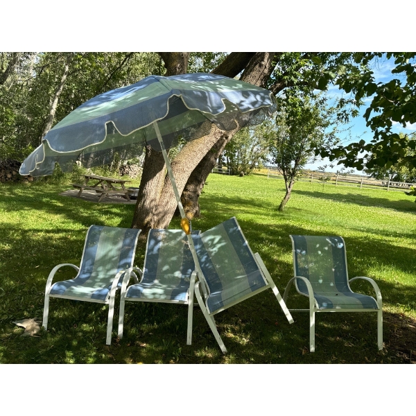 Set of 4 Lawn Chairs and Matching Umbrella - Each Chair is 25W, 27D, 33T, The Umbrella is 73W, 77T